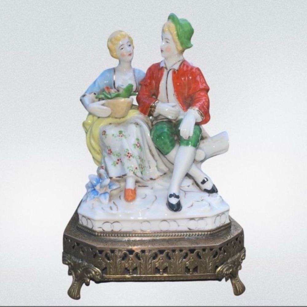 Vintage‎ German Porcelain Figurine: Victorian Courting Couple with Brass Base